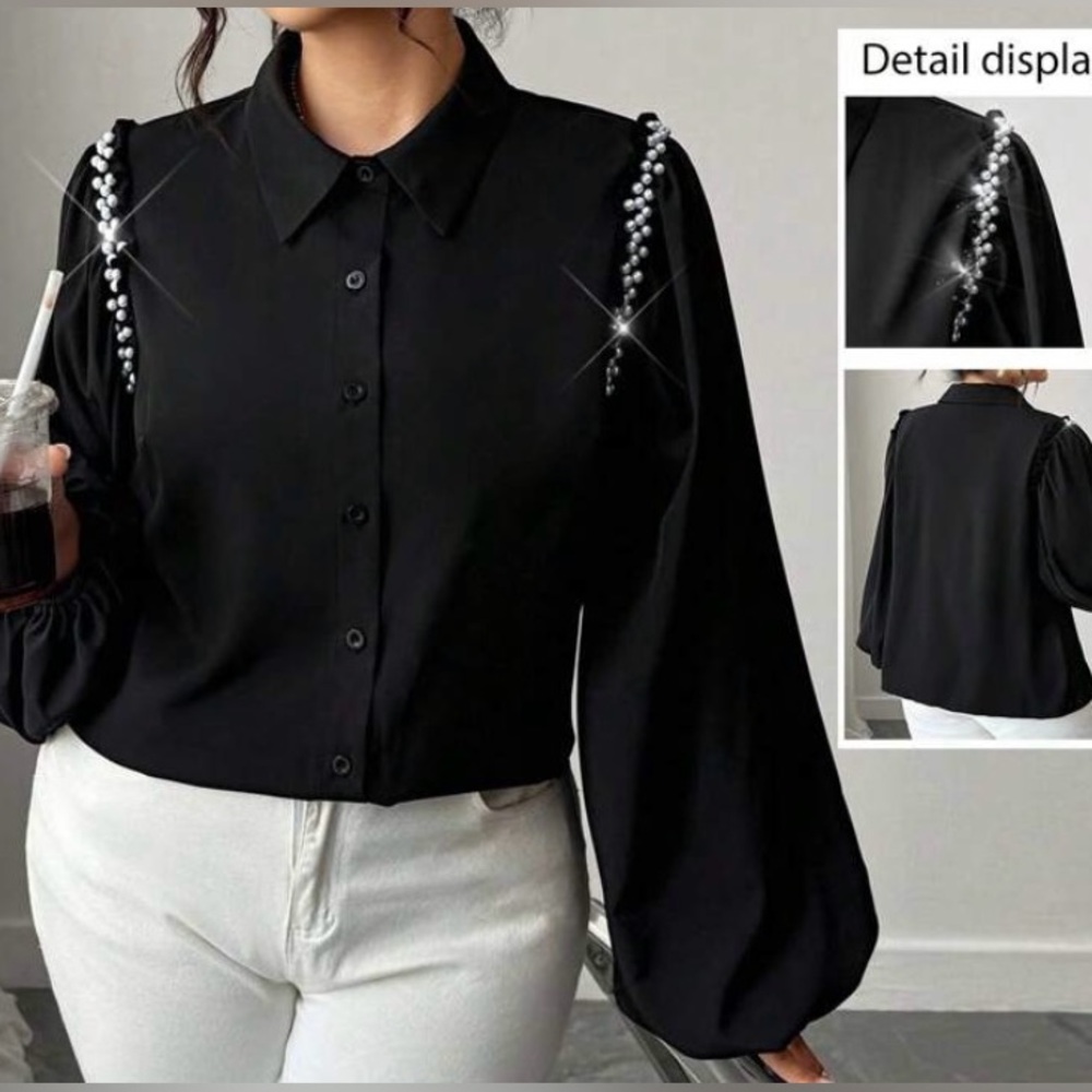 🖤GORGEOUS BLACK LONG SLEEVE PLUS SIZE BUTTON DOWN BLOUSE WITH PEARL LIKE ACCENT